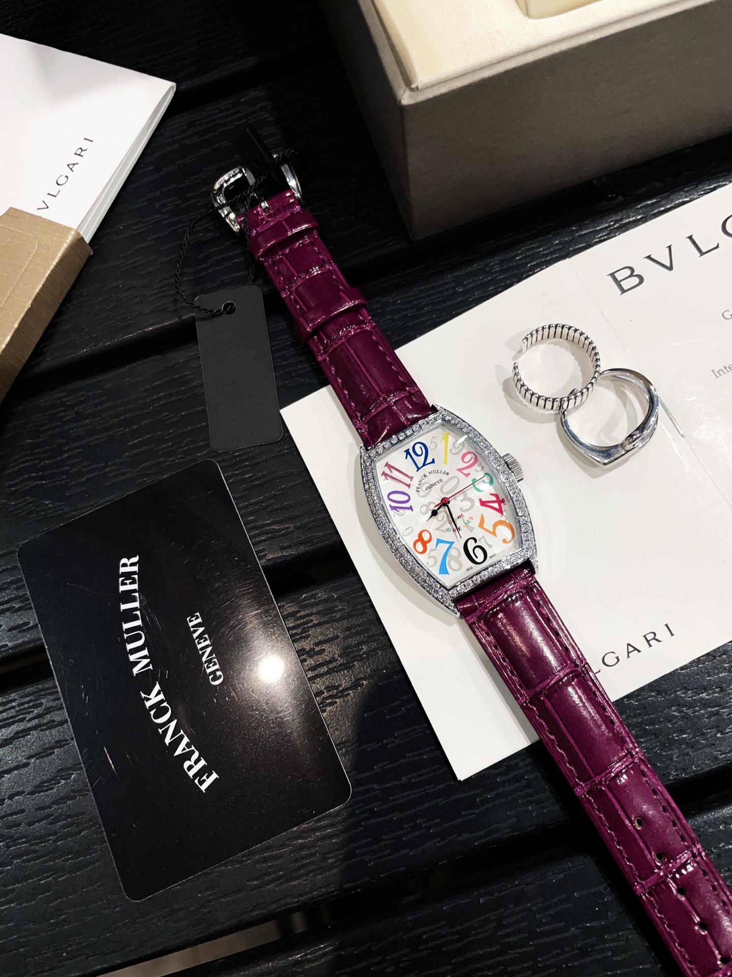 Franck Muller Cintree Curvex Crazy Hours silver case, diamond bezel, white dial, red leather strap 32mm Women's Automatic