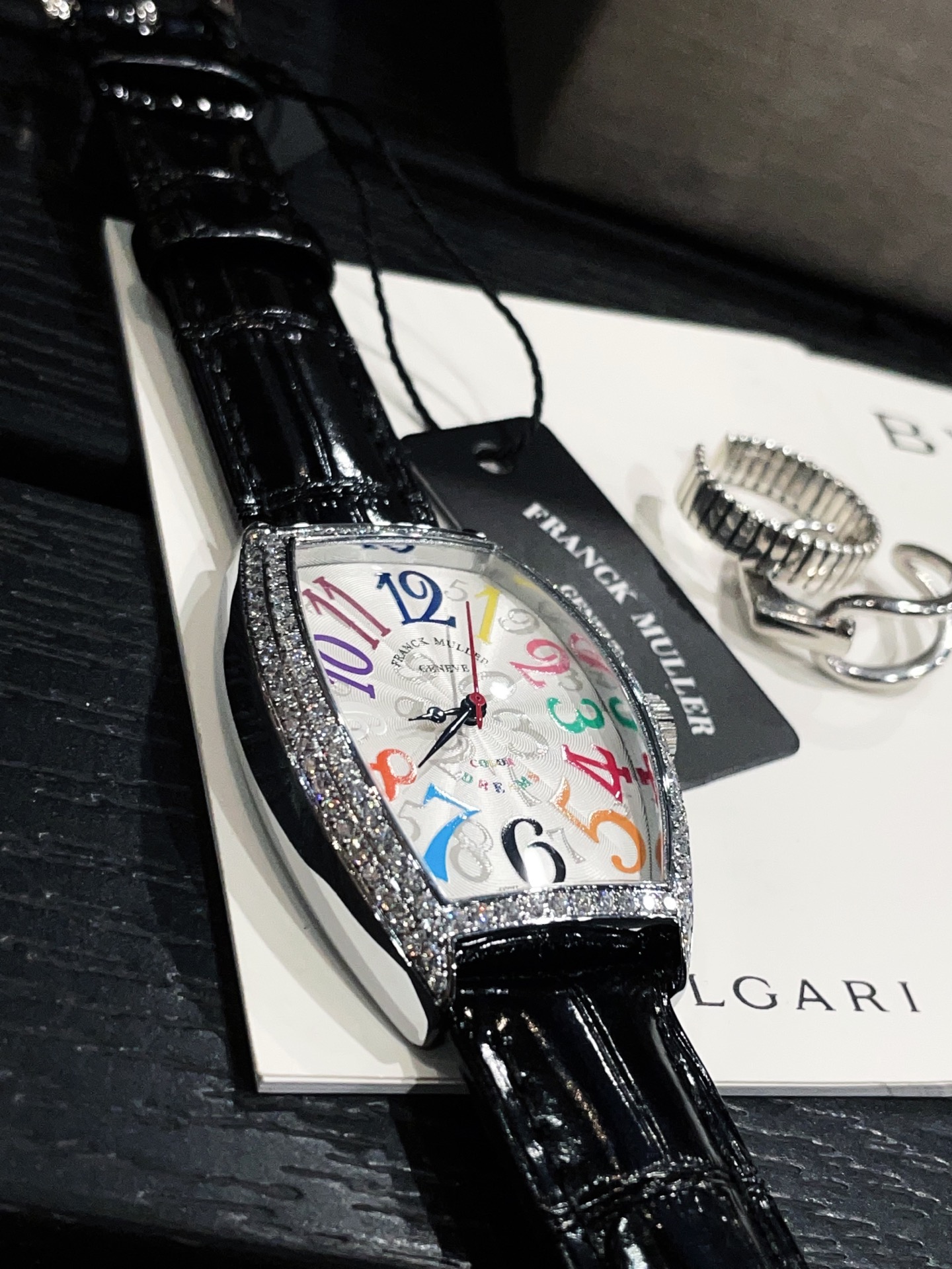Franck Muller Cintree Curvex Crazy Hours silver diamond-set case, white dial, black leather strap 32mm Women's Automatic