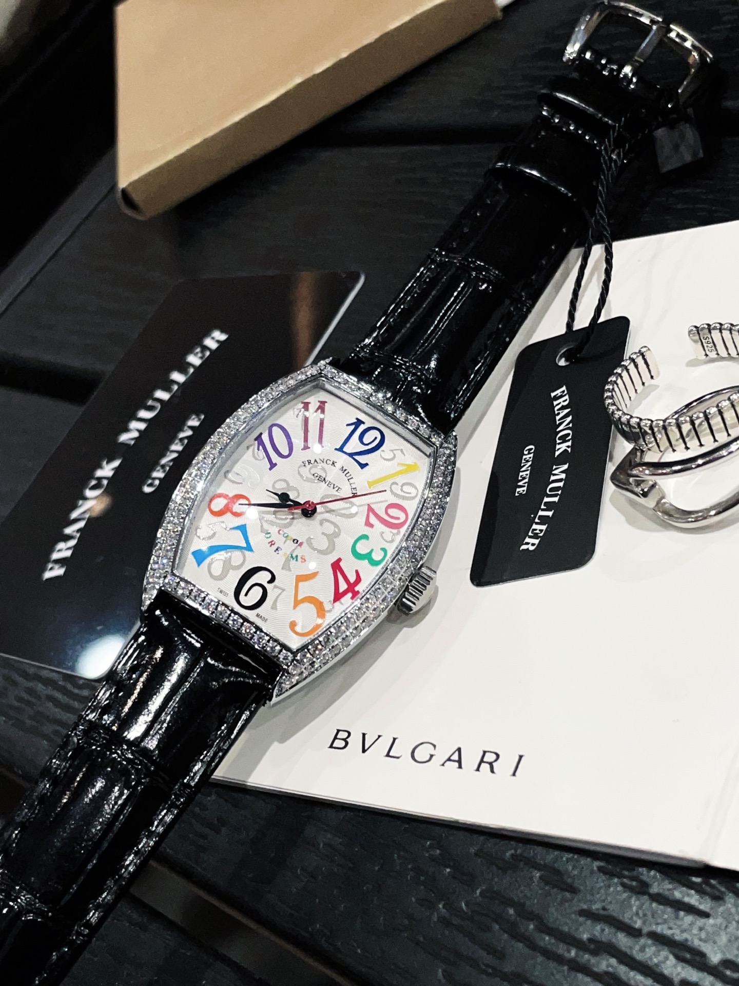 Franck Muller Cintree Curvex Crazy Hours silver diamond-set case, white dial, black leather strap 32mm Women's Automatic