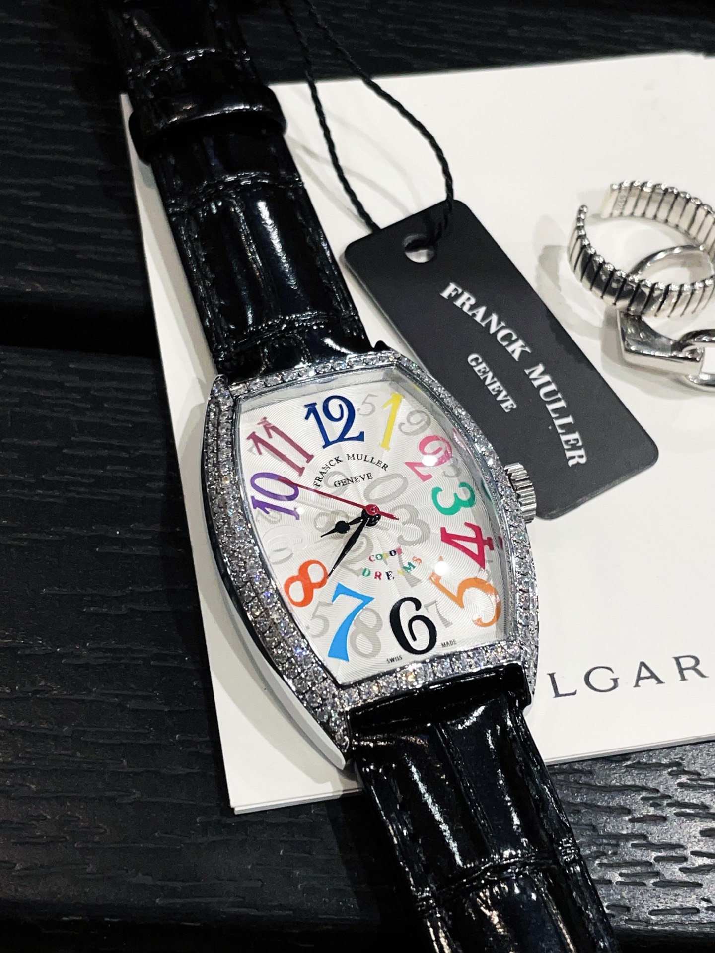 Franck Muller Cintree Curvex Crazy Hours silver diamond-set case, white dial, black leather strap 32mm Women's Automatic