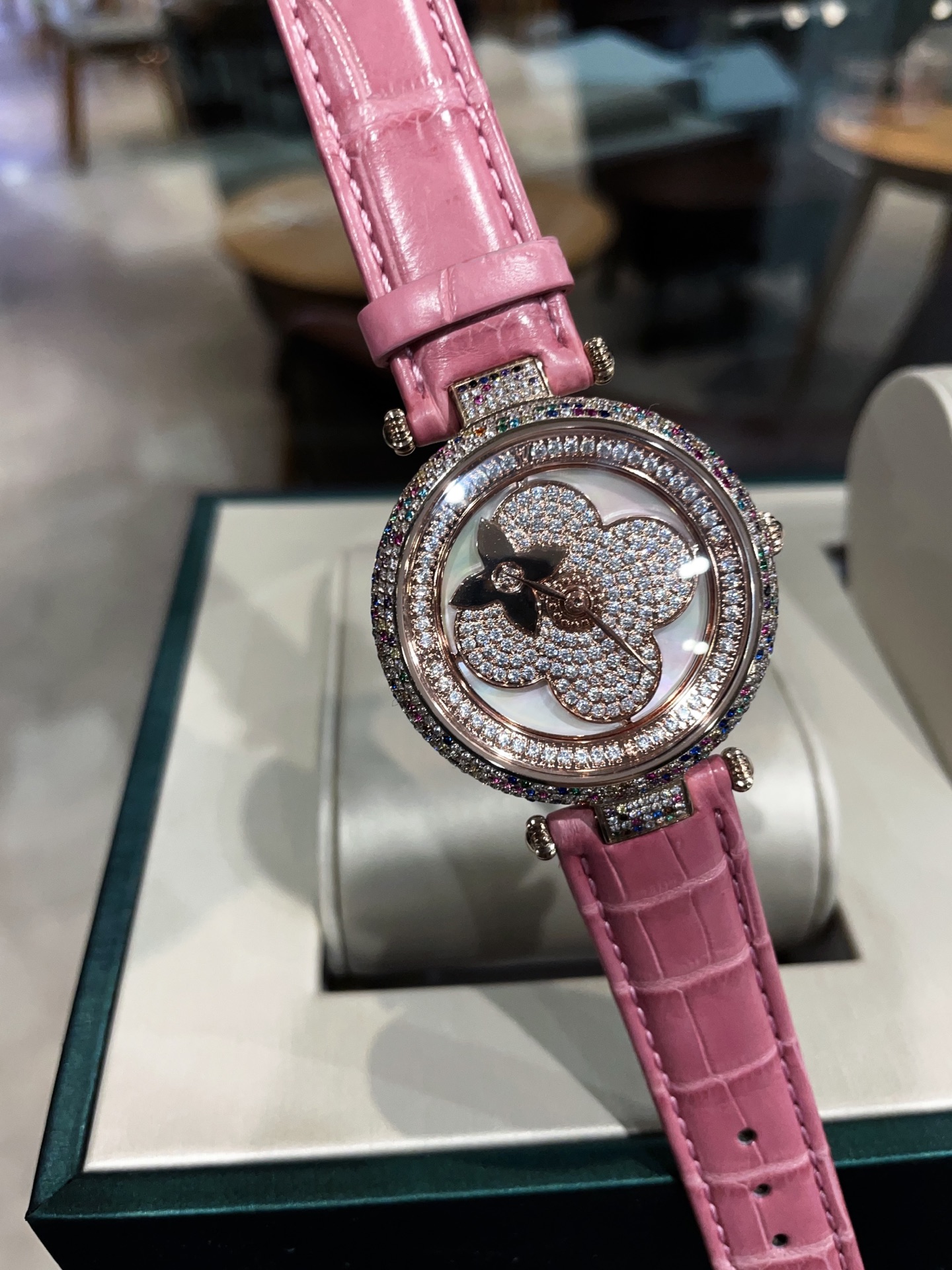 Luxury LV Diamond Watch: Pink Crocodile Skin, Swiss Movement, Waterproof, Elegant Design