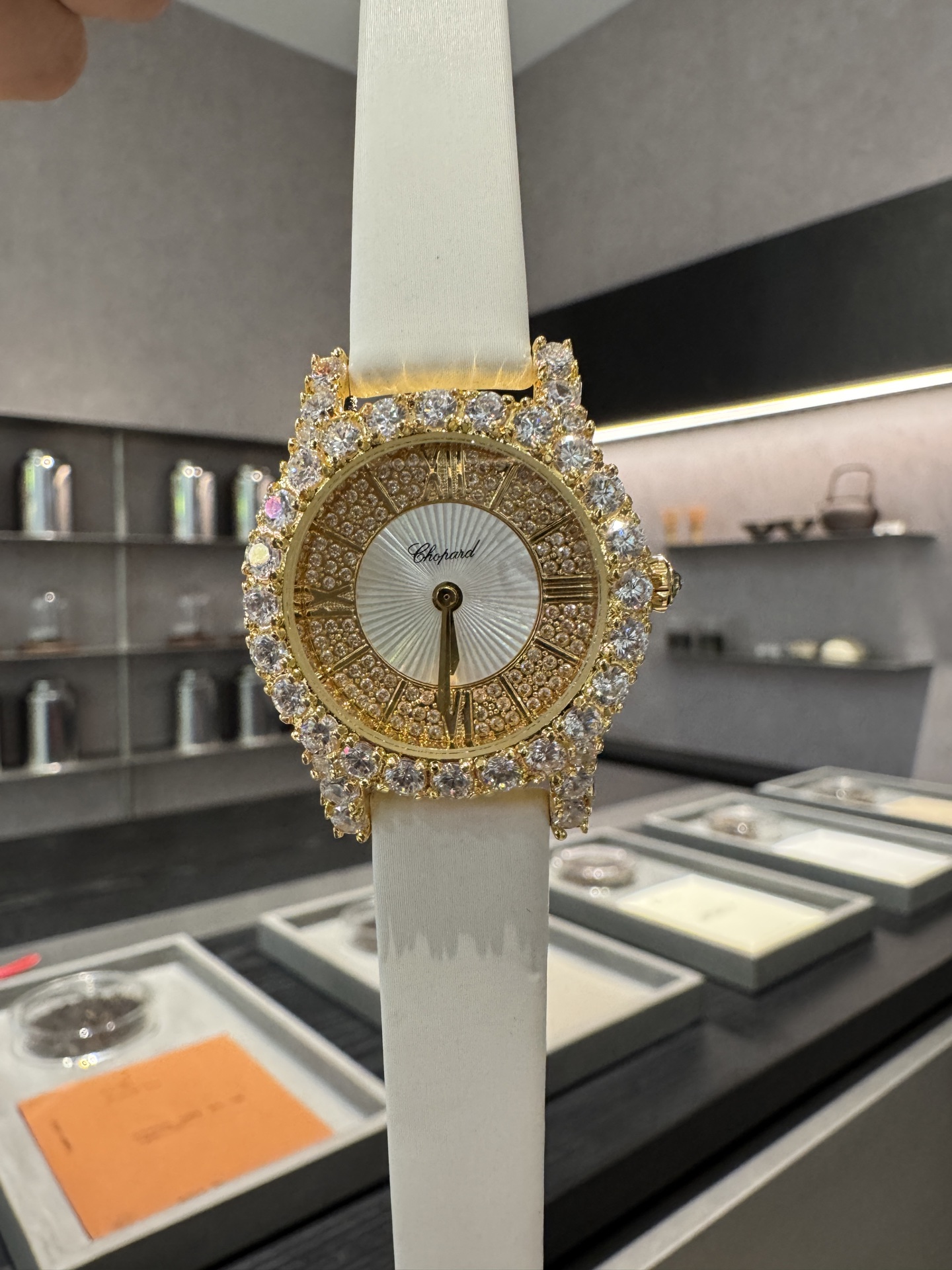 Chopard L'Heure du Diamant Diamond Watch with White Leather Strap