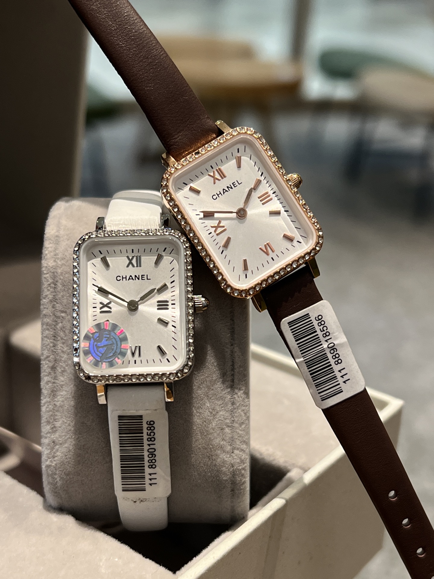 Chanel Premiere-style rectangular watch rose gold-tone case, white dial, black leather strap 26mm Women's Quartz