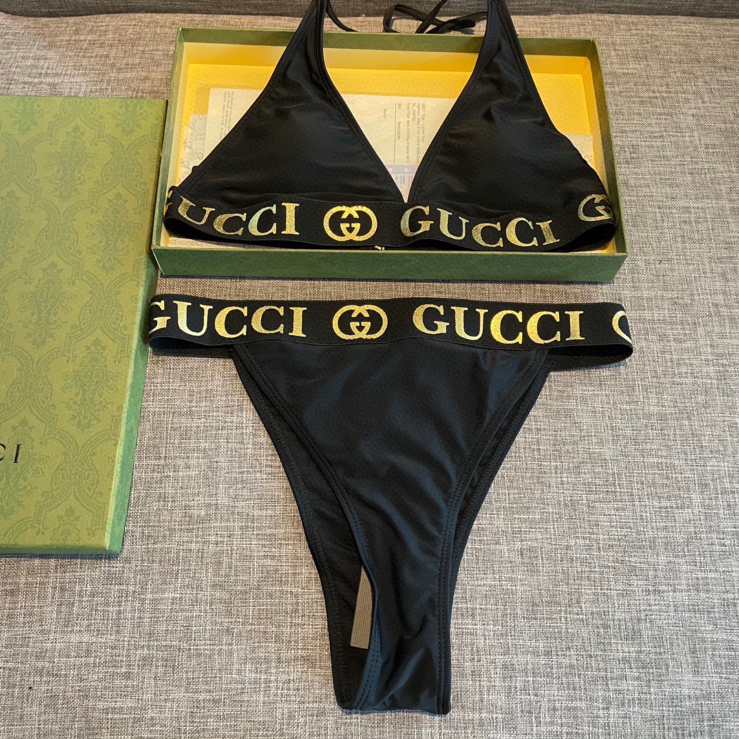 Gucci古琦新款比基尼分体泳衣套装烫金logo印花织带吊带内衣+字母织带三角内裤黑色SMLXl