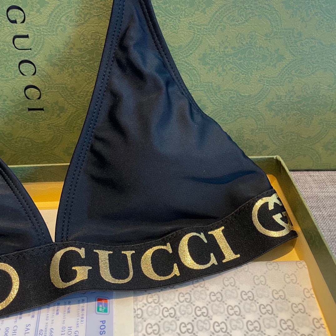 Gucci古琦新款比基尼分体泳衣套装烫金logo印花织带吊带内衣+字母织带三角内裤黑色SMLXl