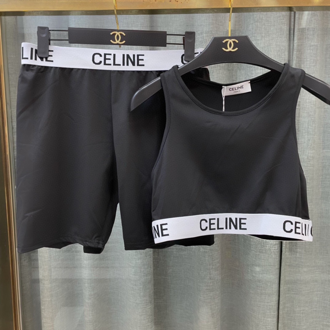 Celine新款高弹力健身短款瑜伽服运动套装小背心无胸垫修身提臀显瘦短裤SML