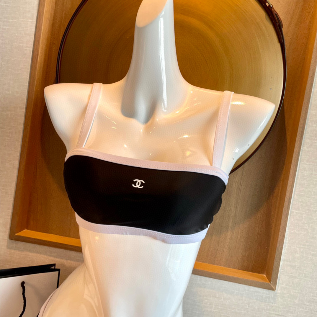  Chanel新款比基尼中古套装 小香logo印花吊带背心+三角打底裤分体泳衣，黑色，S M LXl
