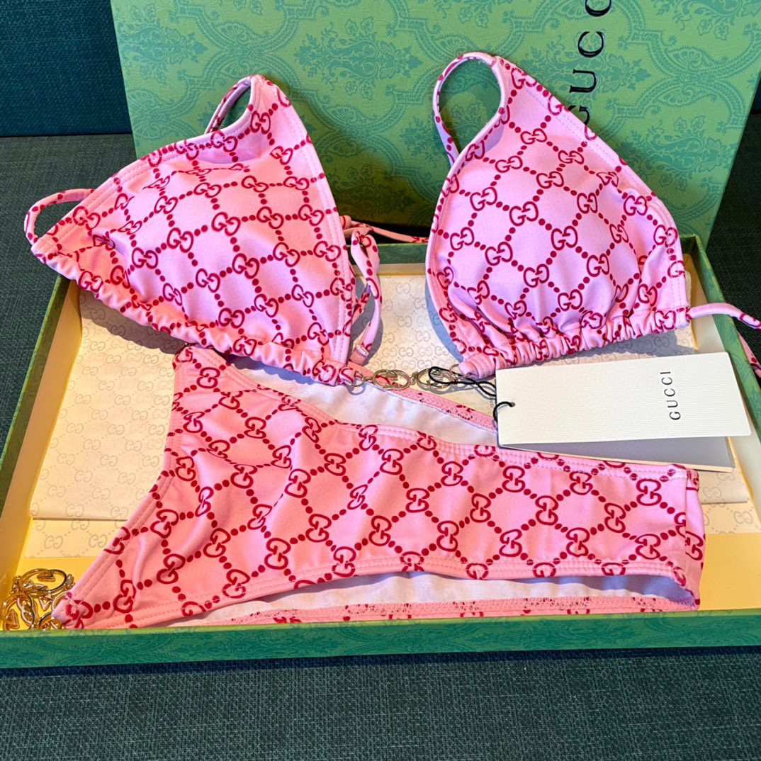  Gucci新款比基尼泳衣~双G字母印花吊带背心链条文胸内衣+三角裤两件套装， 码数：S M L Xl