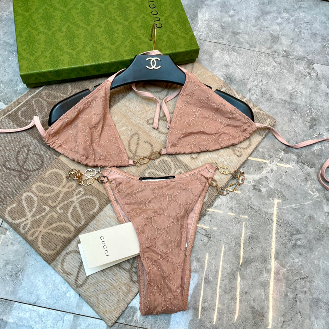  Gucci新款性感网纱比基尼泳衣~网纱蕾丝吊带背心链条文胸内衣（无胸垫）➕三角裤两件套装， 码数：S 