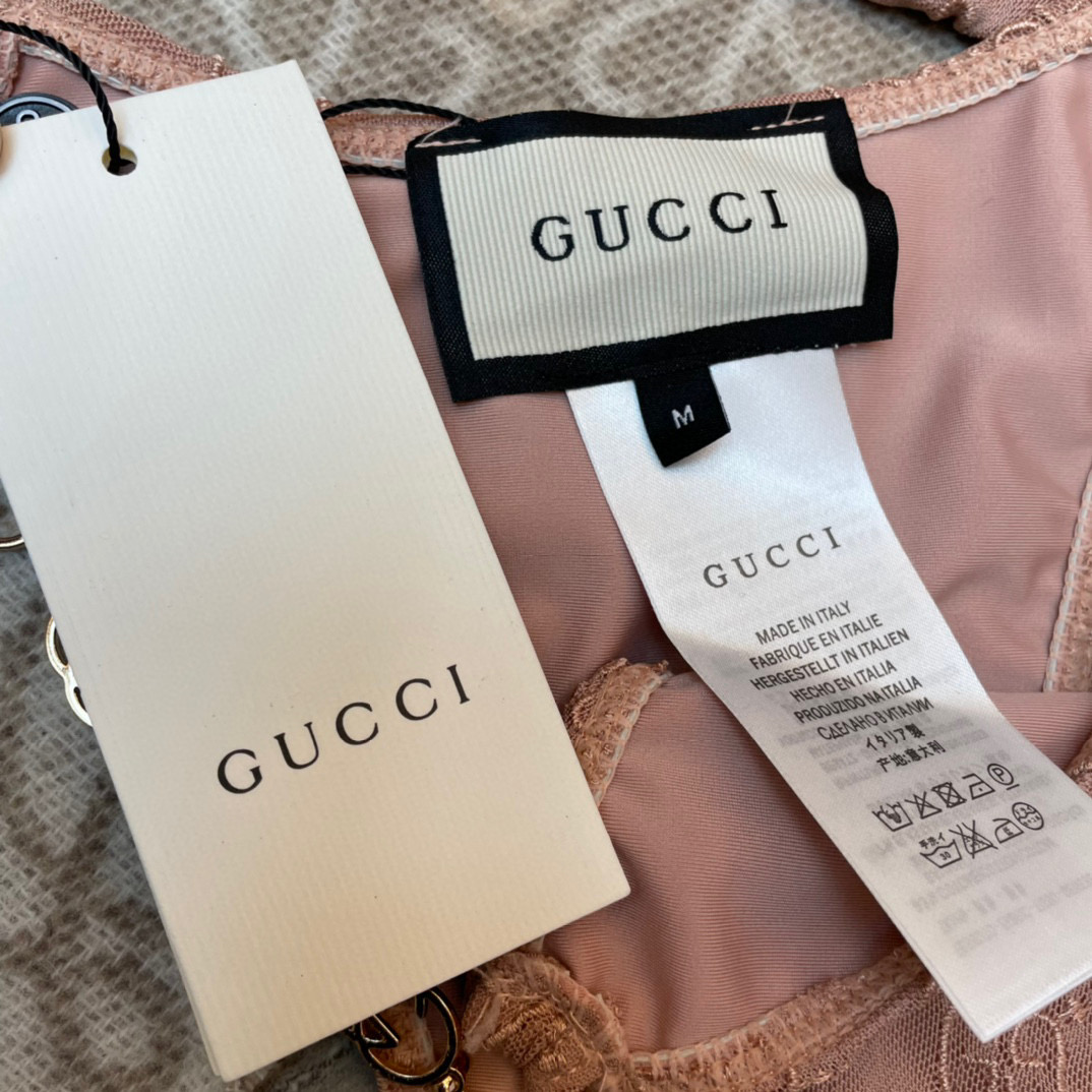  Gucci新款性感网纱比基尼泳衣~网纱蕾丝吊带背心链条文胸内衣（无胸垫）➕三角裤两件套装， 码数：S 