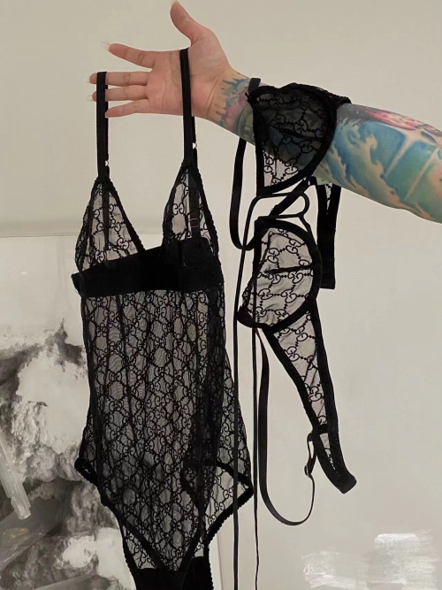Gucci Black GG Embroidered Mesh Bodysuit, Sexy Deep V Lingerie 1 Gucci Black GG Embroidered Mesh Bodysuit, Sexy Deep V Lingerie