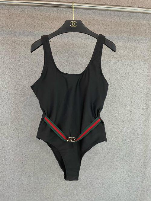 Gucci Women's Black One-Piece Swimsuit with Double G Belt - Chic & Flattering 1 Gucci Women's Black One-Piece Swimsuit with Double G Belt - Chic & Flattering