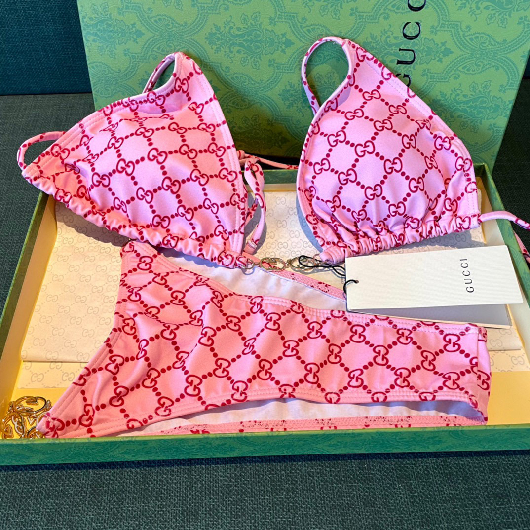 Gucci新款比基尼泳衣~双G字母印花吊带背心链条文胸内衣+三角裤两件套装， 码数：S M L Xl