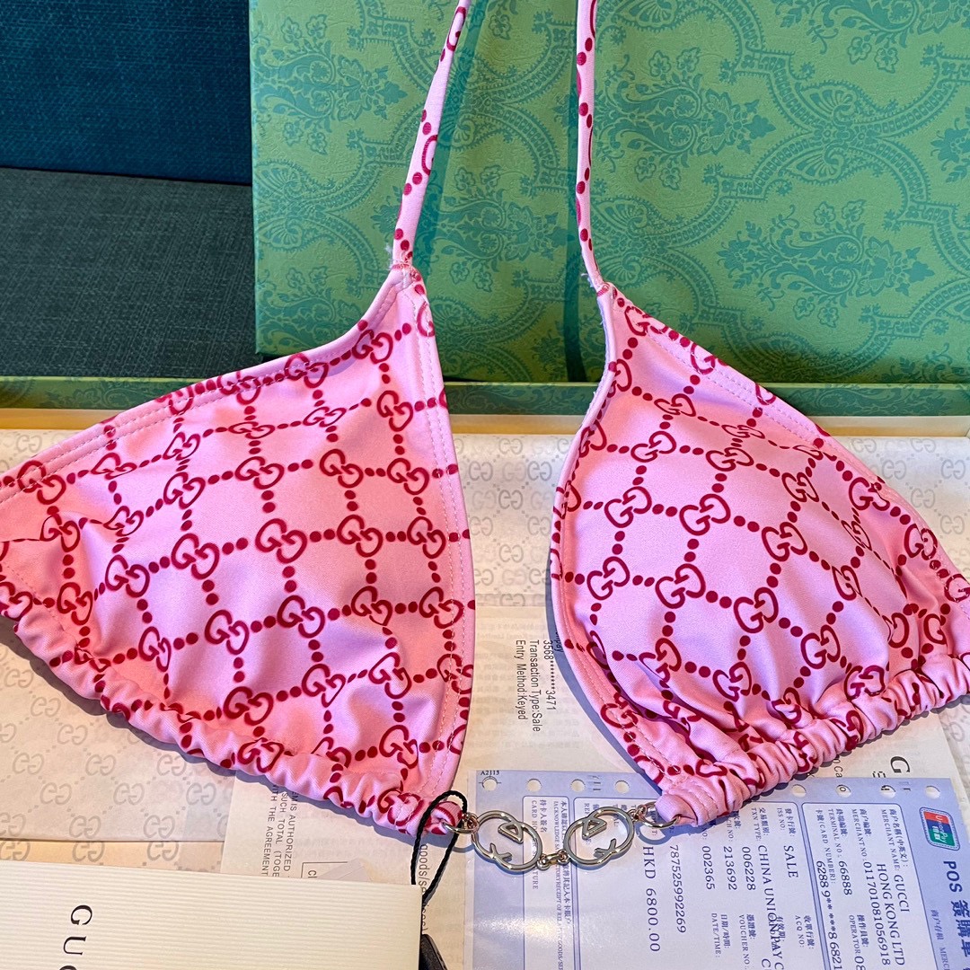 Gucci新款比基尼泳衣~双G字母印花吊带背心链条文胸内衣+三角裤两件套装， 码数：S M LXl