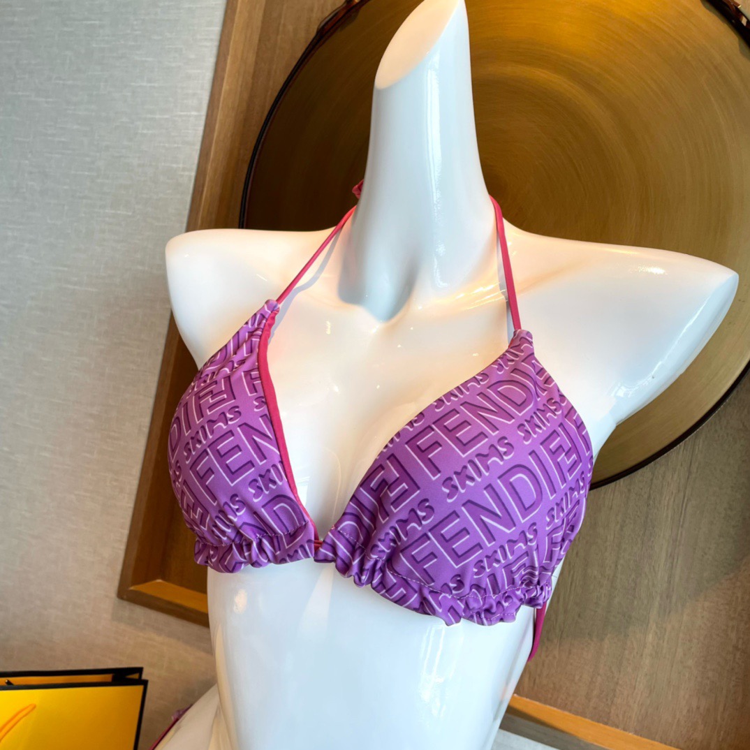Fend新款SKIMS联名定制双面穿比基尼泳衣~字母logo印花系带挂脖文胸内衣+三角裤两件套装，卡其色