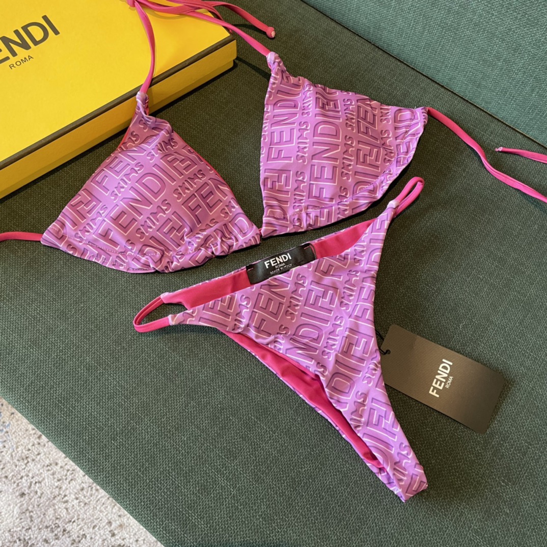 Fend新款SKIMS联名定制双面穿比基尼泳衣~字母logo印花系带挂脖文胸内衣+三角裤两件套装，卡其色