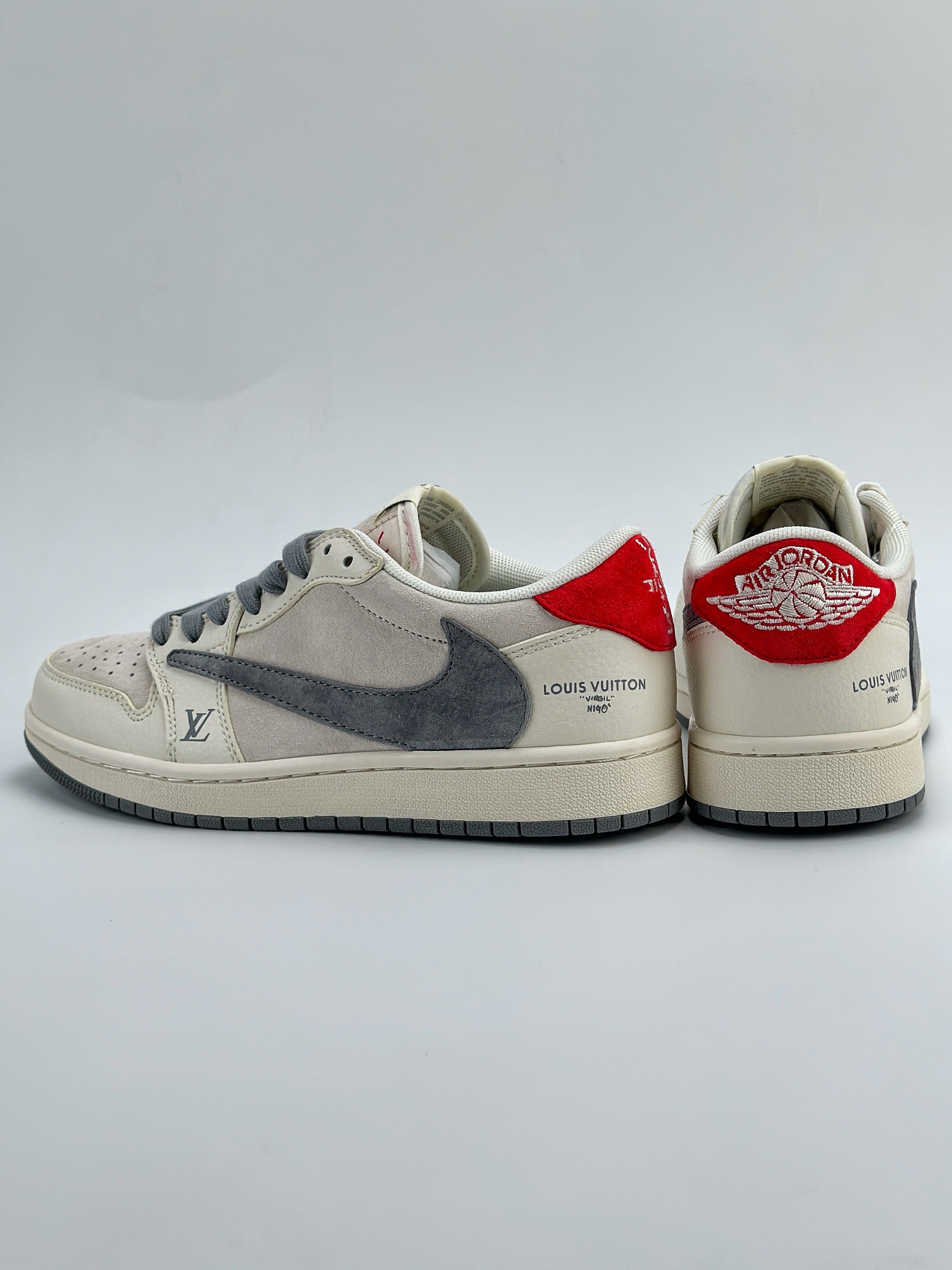 Travis Scott x Nike Air Jordan 1 Low x Louis Vuitton 三方联名 Air Jordan 1 Low 反转白灰红翻毛倒钩 XY2688-103