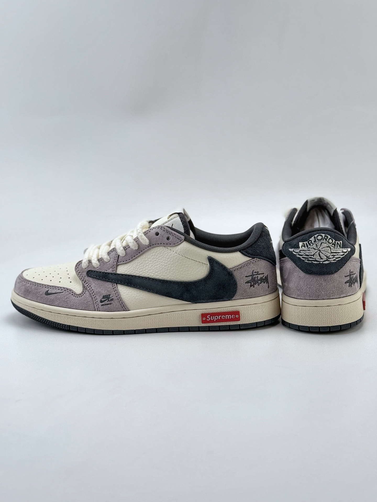 Travis Scott x Nike Air Jordan 1 Low x Stussy Air Jordan 1 Low 反转白灰黑小钩翻毛倒钩 SJ2068-140