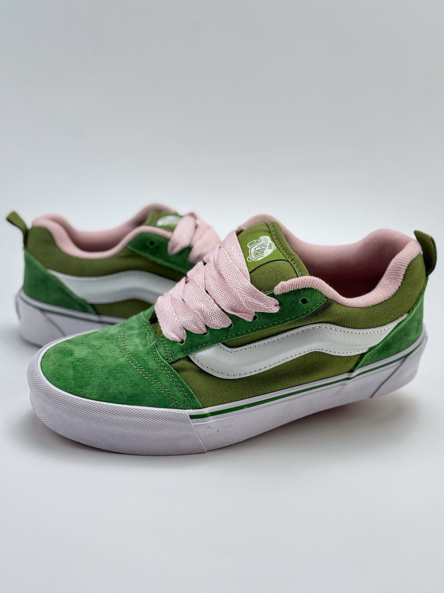 140 Vans Knu Skool 绿粉 肥胖版立体大Logo 加厚鞋舌 低帮复古休闲硫化面包鞋