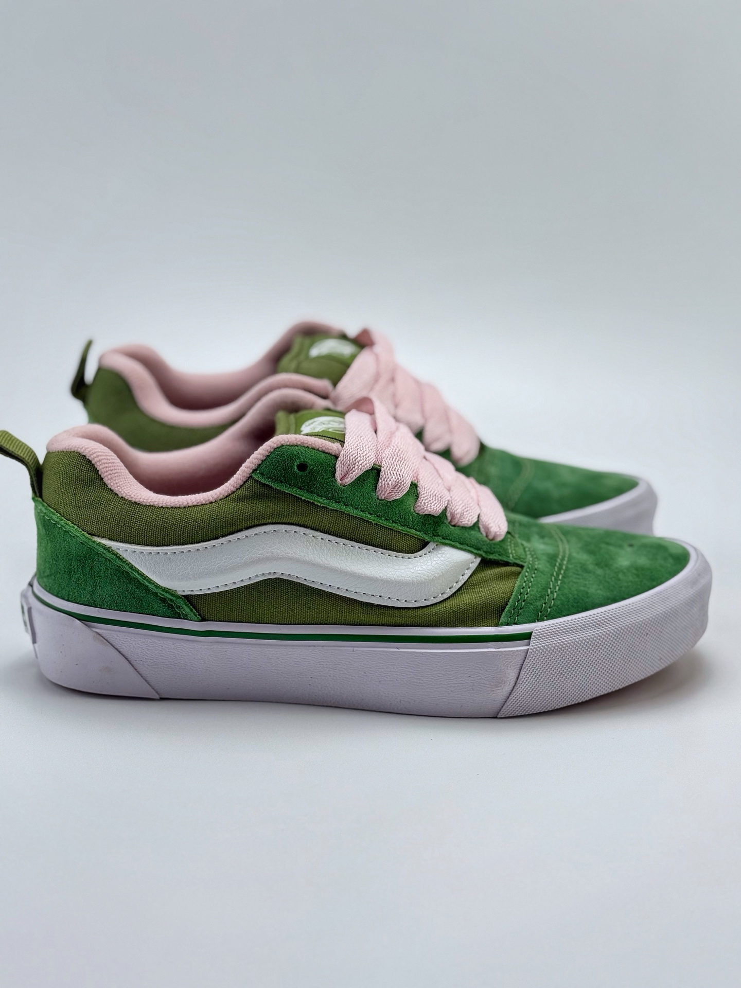 140 Vans Knu Skool 绿粉 肥胖版立体大Logo 加厚鞋舌 低帮复古休闲硫化面包鞋