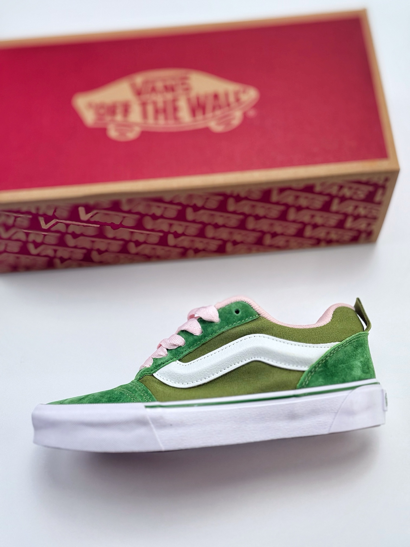 140 Vans Knu Skool 绿粉 肥胖版立体大Logo 加厚鞋舌 低帮复古休闲硫化面包鞋