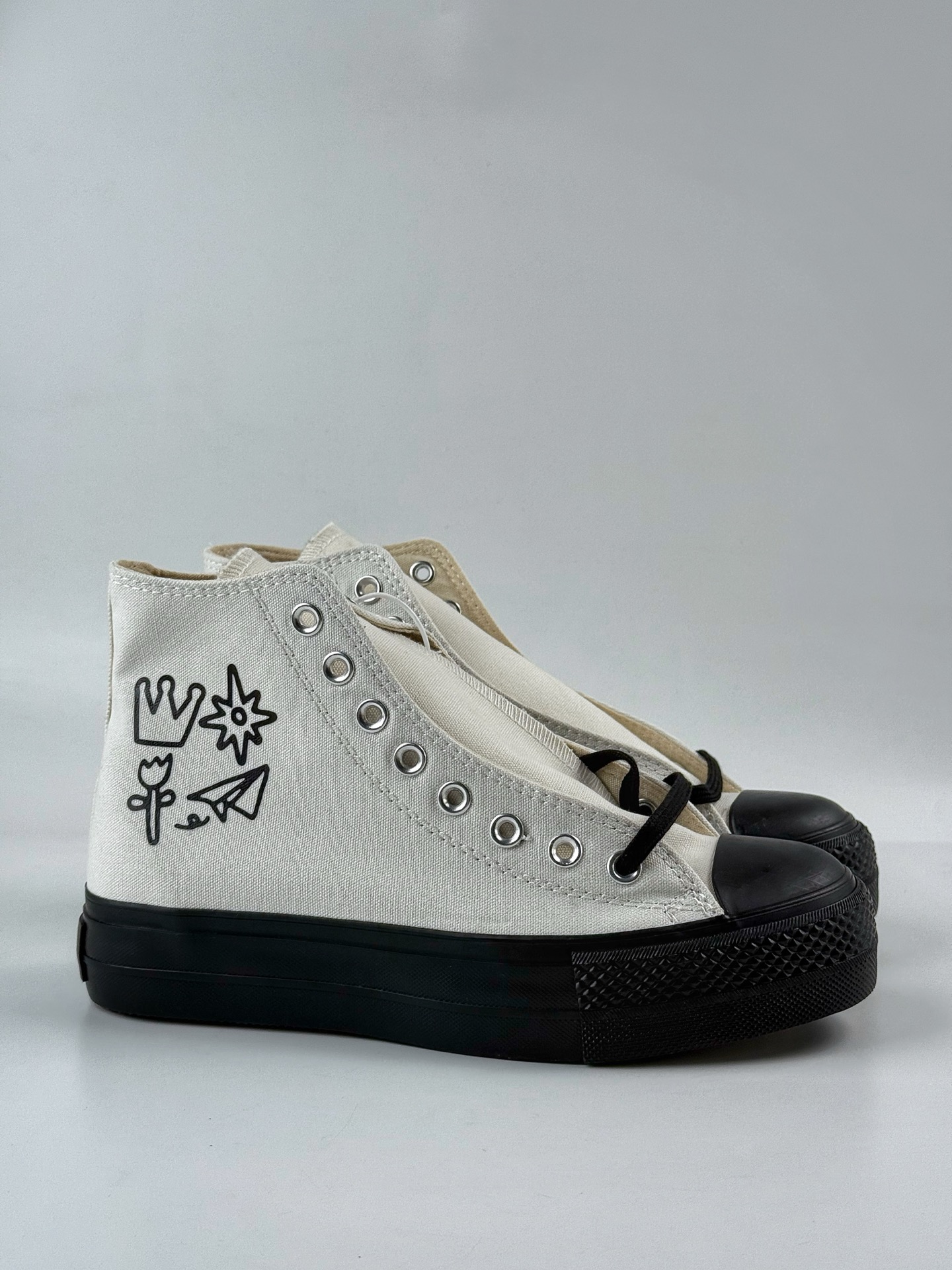 150  Converse All Star Lift经典厚底增高米白黑底高帮皇冠纸飞机印花帆布鞋
