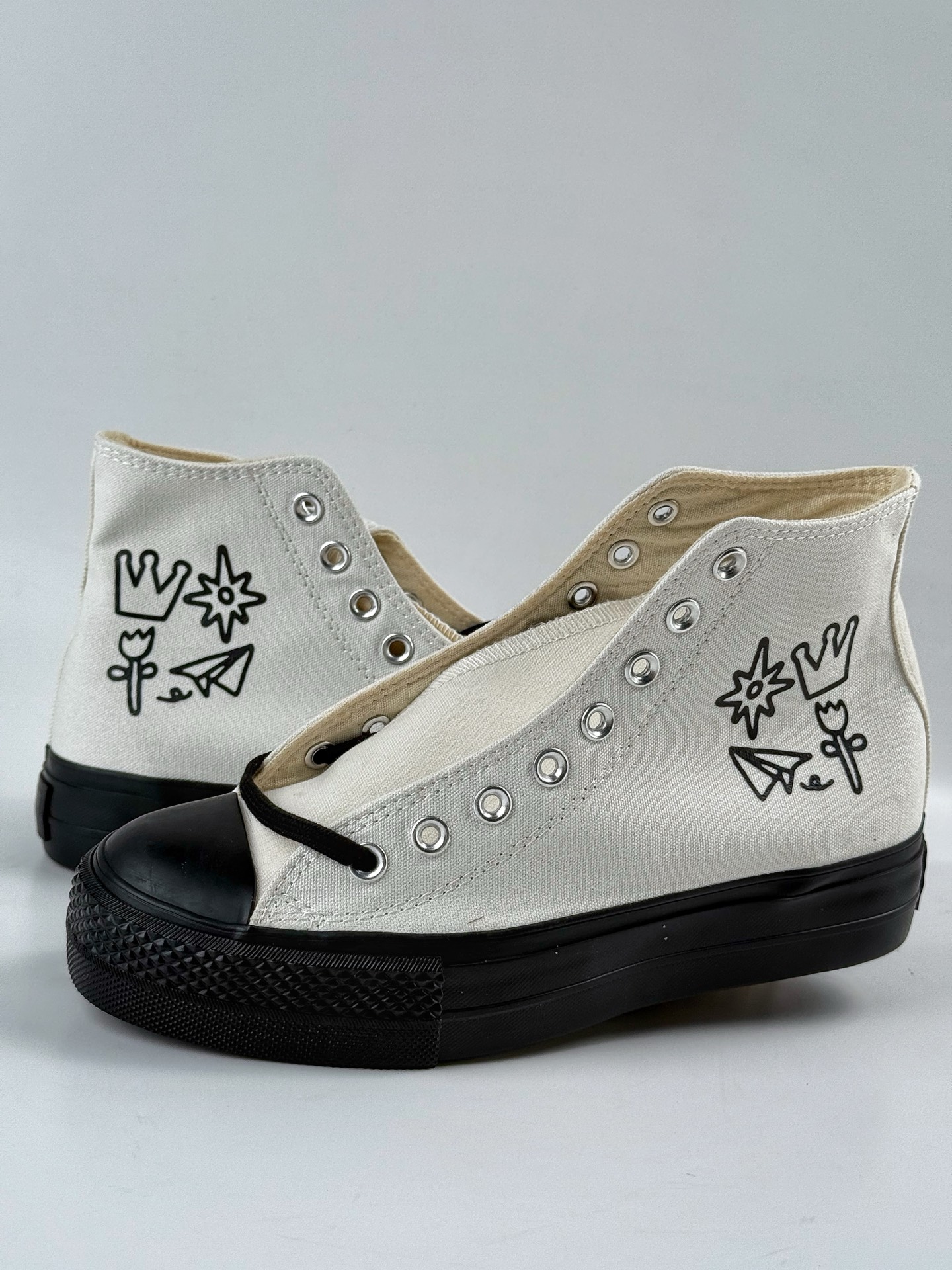 150  Converse All Star Lift经典厚底增高米白黑底高帮皇冠纸飞机印花帆布鞋