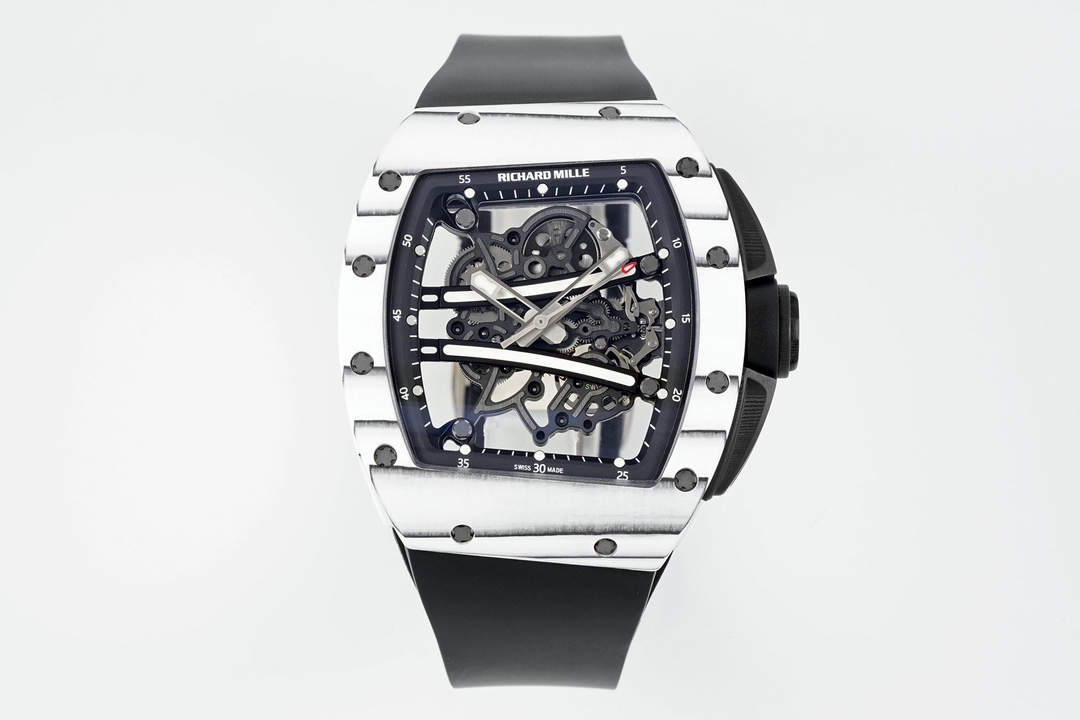 NO:156855,ZF new product Richard Miller RM061 carbon fiber hollowing out a new luxury experience!  Only by understanding the advanced highlights of ZF factory can you understand that ZF RM061 is the truly strongest artifact!  1) Highlights, the ZF case is fine and smooth, with a delicate texture, which is different from the roughness of other versions of the market. The ZF RM061 watch is made of imported quartz carbon fiber (Quartz TPT) and carbon fiber (Carbon TPT). The silica is soaked in white resin, then inserted into the carbon fiber layer, and laminated through the machine. Then, the fiber layer is heated to degrees Celsius under high pressure and then processed. The processing process will form a random texture on this composite material, so each watch is unique. 2) Highlights, the reflective color of the ZF (flange) bridge plate and bottom plate is consistent with the genuine product, which is dark titanium color. Unlike other versions of the market, the reflective color is silver.  The RM061 