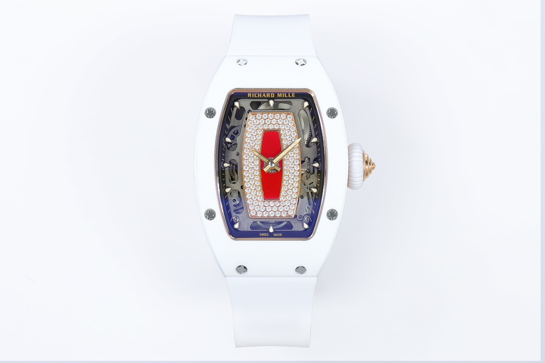 NO:394523,ZF reproduces exquisite and brilliant. The charming work 'Goddess of the Watch' Richard Miller RM07-1 Black and White Ceramic Series [1] The bezel and rear shell of ZF black and white ceramics are made of TZ-N material. This ultra-sturdy black and white ceramic low-density material (6g/cm3) is high scratch resistance and has extremely low thermal conductivity. TZ-N material is an alloy with a zirconium content of 95 and a stable metal yttrium, which is sandblasted and polished and chamfered to form the final Matt surface finish. It is matched with an anti-glare sapphire crystal glass watch mirror and bottom cover, transparent and clear, showing the agile beauty of the movement!  【2】The middle of the dial is red (black) agate, and small diamonds are decorated around it. This is also the most feminine element of the entire watch. The 12 water drop hour markers are close to the edge of the upper flange. Each hour marker is filled with luminous paint in the hollowed-out frame, with extremely exquisite details. 【3】High-quality fluoroelastic tape, soft and comfortable, without fear of sweat, ultraviolet and moisture erosion, is timeless and new, and is closely matched with the case. Paired with the stainless steel folding buckle, it is convenient to open and close and shows luxury. 【4】  The CRMA2 automatic winding movement exclusively developed by ZF, adopts a high hollow design. The movement carries a variable inertial balance wheel to ensure excellent performance during use. The variable geometric automatic disc automatically adjusts the rotation speed from the active state. The power reserve is about 50 hours. The balance wheel is located at 6 o'clock. It has finely processed movement parts such as brushing, chamfering, and polishing, as well as the bottom plate and bridge plate treated with deep black VD coating. It fully demonstrates the precision and artistic sense of machinery.19860909ZF再现精致璀璨.魅力之作 “表界女神” 理查德米勒RM07-1黑白陶瓷系列【1】ZF黑白陶瓷的表圈和后壳均为TZ-N材质,这种超坚固黑白陶瓷低密度材料(6g/cm3)是高抗刮性和具有极低的导热系数.TZ-N材料是一种锆含量达95,并加入稳定金属钇的合金,且经喷砂和手工抛光,倒角处理.形成最终的马特表面光洁度.搭配防眩蓝宝石水晶玻璃表镜与底盖,通透清晰,展现机芯灵动之美！【2】表盘正中为红色(黑色)玛瑙,周围点缀小钻,这也是整枚表最女性化的元素,12个水滴时标紧贴在上法兰盘边缘,每个时标都是在镂空的外框内填充夜光涂料,细节无比精致.【3】高品质氟橡胶胶带,柔软舒适,无惧汗水,紫外线和湿气侵蚀,历久弥新,与表壳紧密贴合.搭配精钢折叠表扣,开合便捷且尽显奢华.【4】搭载ZF独家自主研发的CRMA2自动上链机芯,该机芯采用高镂空设计.机芯承载可变惯性摆轮,确保在使用中保持精良性能.可变几何自动盘,由活动状态自动调节旋转速度.动力储备约为50小时摆轮位于6点处,经拉丝,倒角,和抛光等细致加工的机芯零部件,以及深黑VD镀层处理的底板和桥板.尽显机械的精密与艺术感.,,Watch