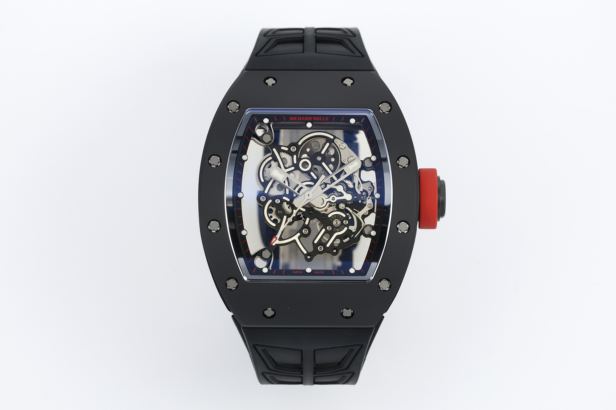 NO:822050,ZF.factory Richard Mille RM-V3 version black ceramic case~hardcore aesthetics of sports watches!  [Case] The 49.90*42.70MM size ceramic case adopts a modular three-stage structure, and builds a core protection system through the complementary functions of 'ceramics + titanium alloy + rubber'. The black ceramic bezel serves as the outer layer of protection, and the middle frame uses lightweight grade 5 titanium alloy to provide the core  The support, outer side and bottom cover are wrapped in a black rubber protective sheath, which retains the wear-resistant properties of ceramics, absorbs impact through elastic rubber, and combines with the high-strength properties of titanium alloy. It achieves a balance of hardness, impact resistance and wearing comfort. [Movement] V3 version of the new all-in-one machine Caliber  The RMUL2 manual winding movement has the same appearance as the genuine product. It is made of grade 5 titanium alloy, equipped with PVD coating and Titalyt treated base plate and bridge plate to ensure the best rigidity of the overall structure, good surface smoothness of the parts and the perfect operation of the gear train. It also has two-way winding, adjustable winding barrel, shockproof and other functions. The accuracy and stability have reached an extraordinary level. (The double barrel operates like the original product) Note ZF Factory strongly declares that this RM  All parts are interchangeable with genuine products, 1:1 in a true sense.19860909ZF.factoty理查德米勒 RM- V3版 黑色陶瓷壳~运动腕表的硬核美学！【表壳】49.90*42.70MM尺寸陶瓷壳采用模块化三段式结构,通过“陶瓷+钛合金+橡胶”的功能互补构建核心防护体系.黑色陶瓷表圈作为外层防护,中层骨架选用轻量化5级钛合金提供核心支撑,外侧和底盖包裹墨色橡胶保护套,保留了陶瓷的耐磨属性,又通过弹性橡胶吸收冲击,配合钛合金的高强度特性.实现了硬度、抗冲击性和佩戴舒适度的平衡.【机芯】V3版全新一体机Caliber RMUL2手动上链机芯,外观与正品一致,采用5级钛合金材质,配备PVD镀层和Titalyt处理基板和桥板,保证整体架构最佳钢性,零件表面良好平整度及齿轮系的完美运转.还具有双向上链,上链可调节桶,防震等多项功能,精度和稳定性都达到了非凡的水平.(双发条盒与正品一样运转) 注ZF厂强势声明,此款RM 所有零部件与正品可互换通用,是真正意义上1:1,,Watch