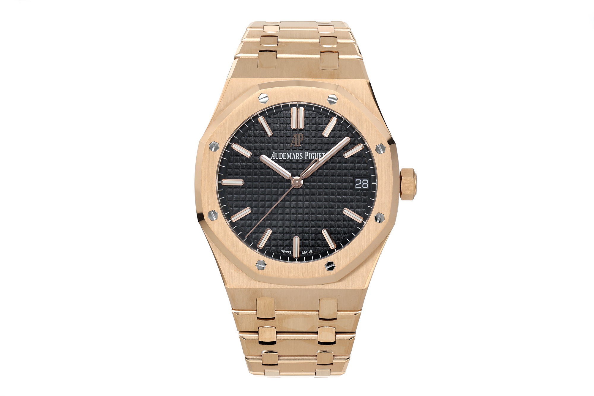 NO:765726,ZF Violent Enhancement - Audemars Piguet Royal Oak 15500 V2 rose gold version, all-in-one perfect version [5 subtleties, 1 biggest highlight] 1. The authentic disassembly model, the size is 41x10.4 mm, which is consistent with the original! 2. Perfectly restore every detail of the authentic case, showing the masculine temperament of the authentic 'angular, resolute and courageous'.  3. The workmanship of the steel strap is impeccable, and is better than any steel strap watch on the market. The tightness of the 'buffer strap' connecting the steel strap head and the watch title is exactly the same as the original. 4. The automatic rotor pays tribute to the original. It is the only version on the market that has the same color as the original (general versions on the market are redder). The A family emblem is uniquely engraved on it.  5. The 'biscuit texture' on the dial is three-dimensional and full, full of energy! [The biggest highlight] It is not so much an upgrade as it is directly replaced with the newly developed Audemars Piguet CAL.4302 integrated movement. The overall structure of the movement and the position of each component are exactly the same as the original. It realizes an instantaneous calendar and a highly restored appearance. The 'Steel King' no longer has weaknesses and becomes a god in one battle!  ZF has successfully built Royal Oak 15500 into a 'steel king' with no weaknesses. If you are a brother, buy it!!!,,audemars19860909ZF暴力强化——爱彼皇家橡树15500 V2玫瑰金版本 一体机 完美版本【5大精妙之处,1个最大亮点】 1.正品拆解开模,尺寸为41x10.4毫米与正品一致! 2.完美还原正品表壳的每一处细节,尽显正品'棱角分明坚毅果敢'的阳刚气质. 3.钢带的做工无可挑剔,比市面上任何钢带表做工均要更上一层楼,钢带头粒和表头衔接的'缓冲带'的松紧程度与正品一模一样. 4.自动陀的与原装致敬,是市面唯一做到颜色于原装一致的版本(市面一般版本均偏红)其上的a族徽雕刻独一无二. 5.表盘的'饼干纹理'立体饱满,精神抖擞![最大亮点]与其说是升级不如说是直接更换成全新研发爱彼CAL.4302一体机芯,机芯整体结构,各个部件位置和原装丝毫不差,实现瞬跳日历,外观高度还原.'钢王'不再有弱点,一战封神! ZF成功将皇橡15500打造成没有弱点的'钢王',是兄弟就来买它!!!,,audemars,Watch