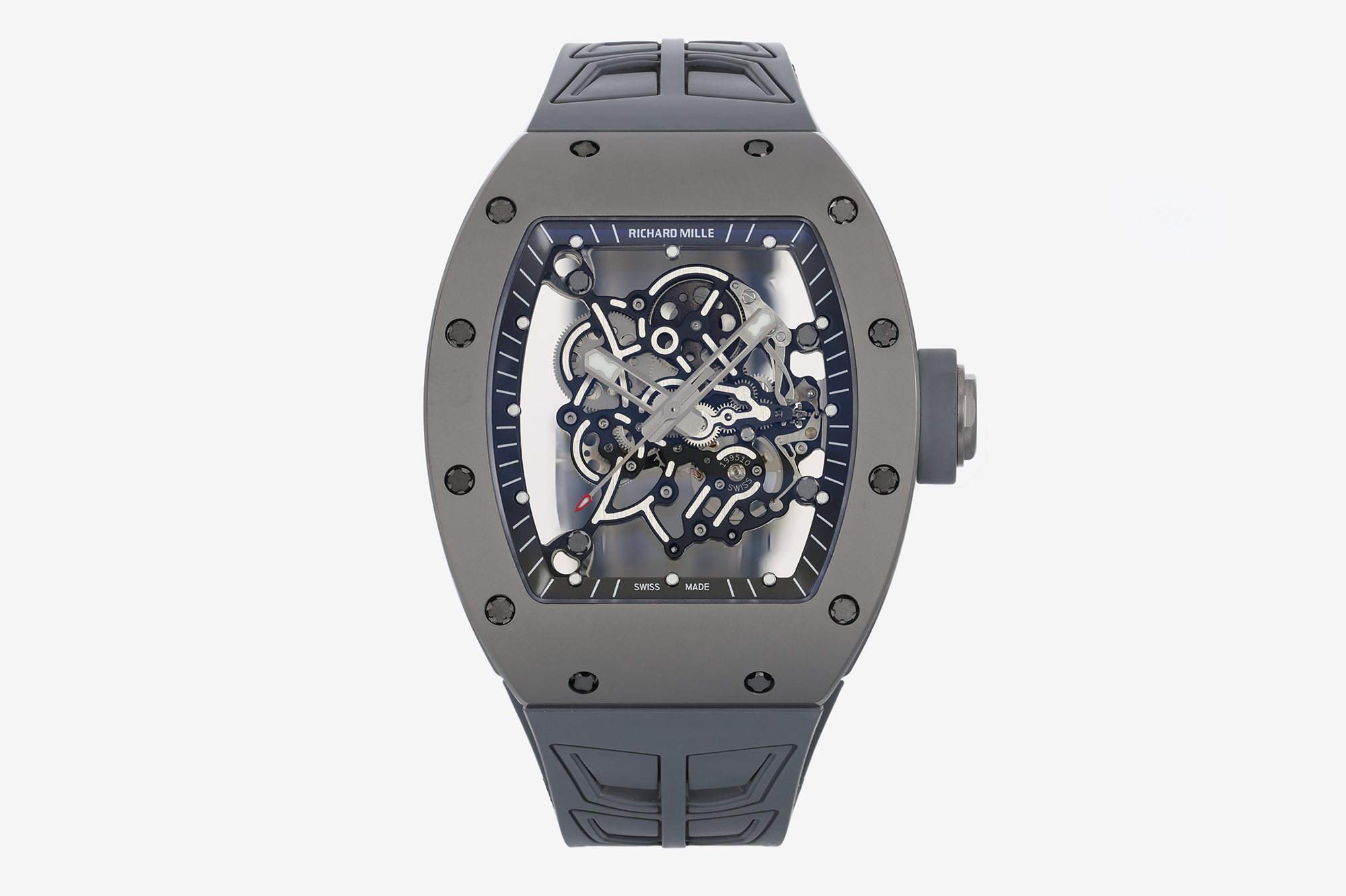 NO:859355,ZF.factory's popular RM-series 'all gray' V3 version Bubba Watson Special Edition (titanium carbide) is officially on sale!  [Case] 49.90*42.70MM size, the bezel is made of finely sandblasted titanium carbide (TiC). The production process is to sandblast glass beads on the grade 5 titanium case under a low-pressure environment to ensure neatness and uniformity and create a 'full gray' effect. The titanium carbide material has a Vickers hardness of up to 100%, and has extremely high hardness, wear resistance and good high temperature resistance. [Movement] New all-in-one machine Caliber  The RMUL2 manual winding movement has the same appearance as the original. It is made of grade 5 titanium alloy, equipped with PVD coating and Titalyt treated base plate and bridge plate to ensure the best rigidity of the overall structure, good surface flatness of parts and perfect operation of the gear train. It also has two-way winding, adjustable winding barrel, shockproof and many other functions. The accuracy and stability have reached an extraordinary level. (The double barrel operates like the original),19860909ZF.factory 倍受欢迎的RM-系列“全灰”V3版 巴巴沃森特别款(碳化钛)正式开售了！【表壳】49.90*42.70MM尺寸,表圈由微细喷砂处理的碳化钛(TiC)打造,制作过程为低压环境下向5级钛金属表壳上喷砂玻璃微珠,以确保整洁匀称,营造“全灰”效果.碳化钛材质的维氏硬度可达,具有极高的硬度,耐磨性和良好的耐高温性能.【机芯】全新一体机Caliber RMUL2手动上链机芯,外观与正品一致,采用5级钛合金材质,配备PVD镀层和Titalyt处理基板和桥板,保证整体架构最佳钢性,零件表面良好平整度及齿轮系的完美运转.还具有双向上链,上链可调节桶,防震等多项功能,精度和稳定性都达到了非凡的水平.(双发条盒与正品一样运转),,Watch