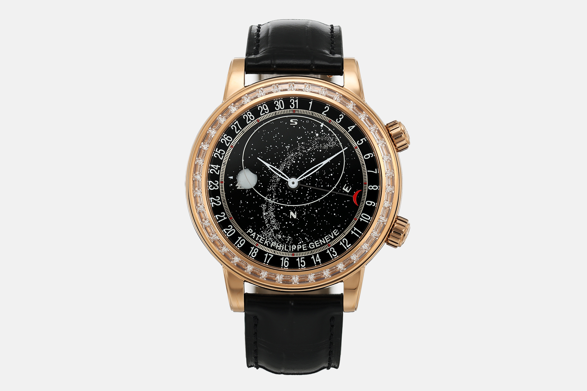 NO:946315,Produced by PPF - The final work of P [Single Row Diamond Ring Edition] condenses 'astronomical complications' into a whole rotating starry sky and universe. The diameter of the watch case is 44 mm and the thickness is about 10.58 mm, which is consistent with the original version. The overall proportion, arc and structure are all modeled around the original data. The size is not a trick, but exists to completely carry the astronomical display system. Dial / Starry Sky Structure 6102  The core of the watch is never just 'blue', but a three-layer sapphire astronomical disk system. The starry sky, Milky Way and moon phases are not printed, but multi-layered transparent sapphire disks are superimposed to accurately restore the original structure. The movement is equipped with a customized version of the Cal.240 self-winding movement, which stably drives the complex astronomical module while still maintaining a restrained and elegant thickness - the thickness of the movement is only about 6.8 mm, consistent with the original version. Mirror surface  The high-permeability sapphire crystal mirror pursues not pure 'brightness', but precise control of reflection. Regardless of whether you look directly or sideways, the starry sky is always clear and pure. Quality Inspection Every watch produced by PPF must pass a number of strict quality inspection processes, and it can only be delivered after confirming that there are no abnormalities in structure, function and stability. Produced by PPF - the moment you pick it up, you are not looking at the time, but at the universe, how it flows slowly on your wrist.19860909PPF 出品——P【单排钻圈版】压轴之作 把「天文复杂功能」,凝缩成一整片会转动的星空宇宙  表壳 直径 44 mm,厚度约 10.58 mm,与原版一致.整体比例、弧线与结构,均围绕原版数据建模而生,尺寸并非取巧,而是为完整承载天文显示系统而存在. 表盘 / 星空结构 6102 的核心,从来不只是“蓝色”,而是三层蓝宝石天文盘系统.星空、银河与月相并非印刷呈现,而是多层透明蓝宝石圆盘叠加,精准还原正品结构. 机芯 搭载定制版 Cal.240自动上链机芯,在稳定驱动复杂天文模组的同时,依旧保持克制而优雅的厚度——机芯厚度仅约 6.8 mm,与原版一致. 镜面 高通透蓝宝石水晶镜面,追求的不是单纯“亮度”,而是对反光的精确控制.无论正视或斜视,星空层次始终清晰纯净. 质检 每一只 PPF 出品腕表,均需通过多项严格质检流程,在结构、功能与稳定性确认无异常后,方可交付. PPF 出品 —— 上手那一刻,你不是在看时间, 而是在看宇宙,如何在手腕上缓慢流动,,Watch