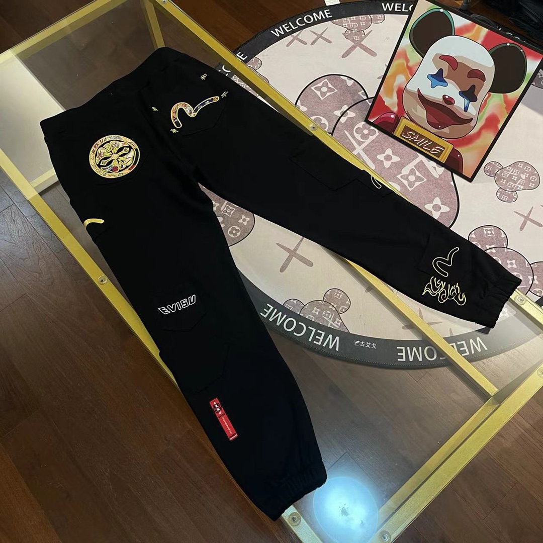 Nuevo, pantalones deportivos casuales para hombre EVISU 2023 nuevo estilo con brocado, parches y múltiples bolsillos, n…