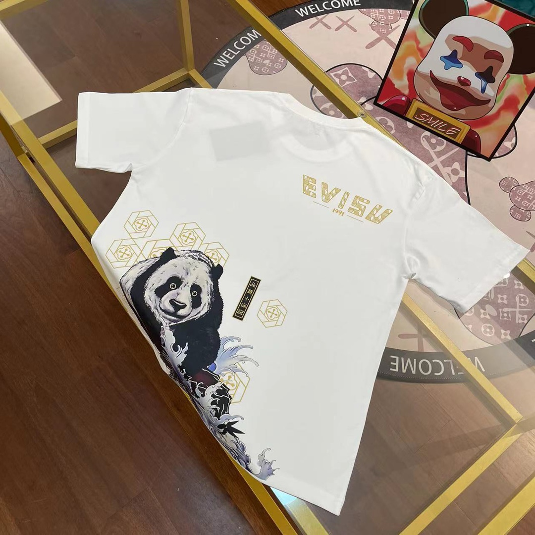 Camiseta de manga corta para hombre EVISU Fukujin 2024 nuevo estilo con estampado de panda grande y letras, color: blan…