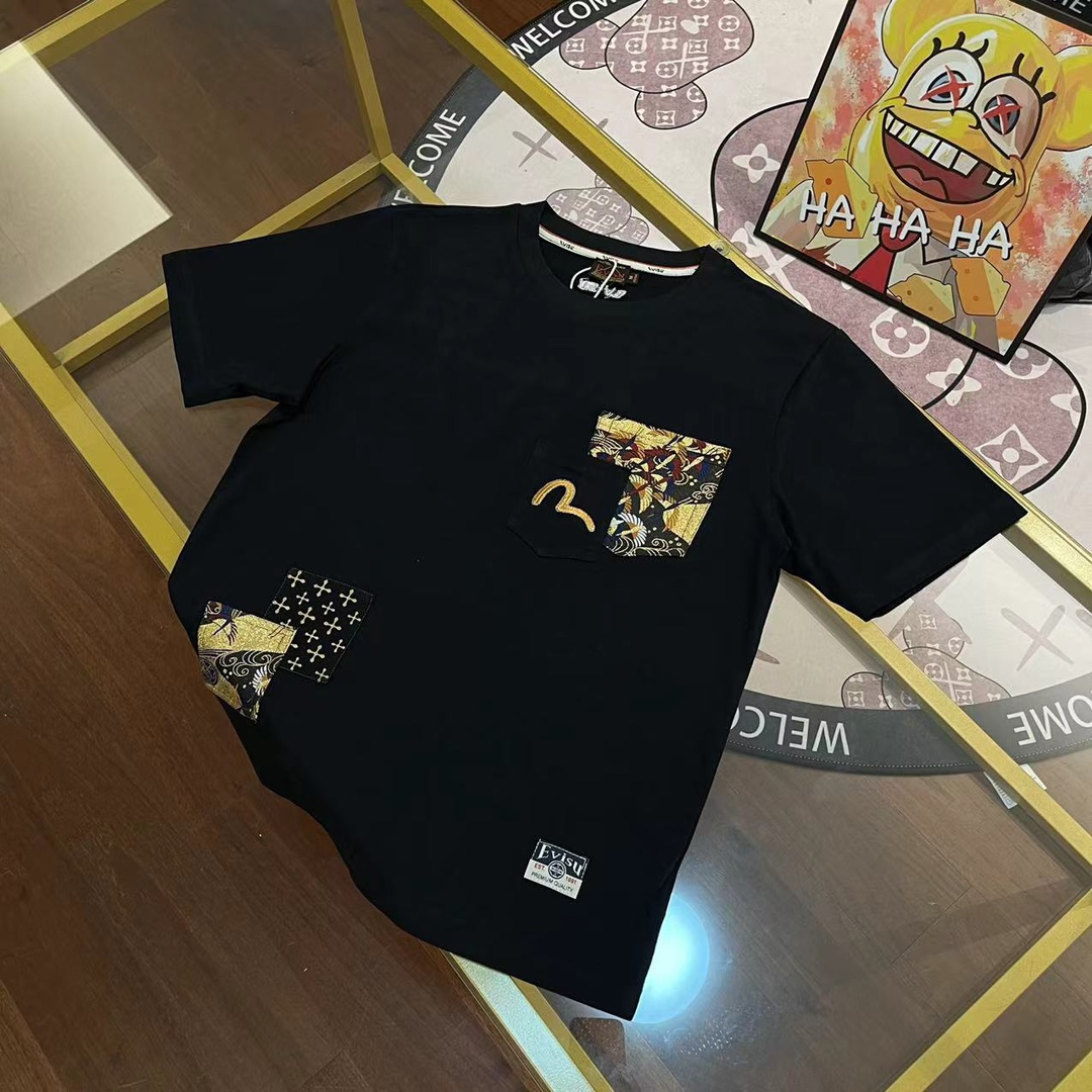 Alta versión, reposición. EVISU Fukujin 2024 nueva camiseta de manga corta para hombre con gaviota bordada y bolsillo d…