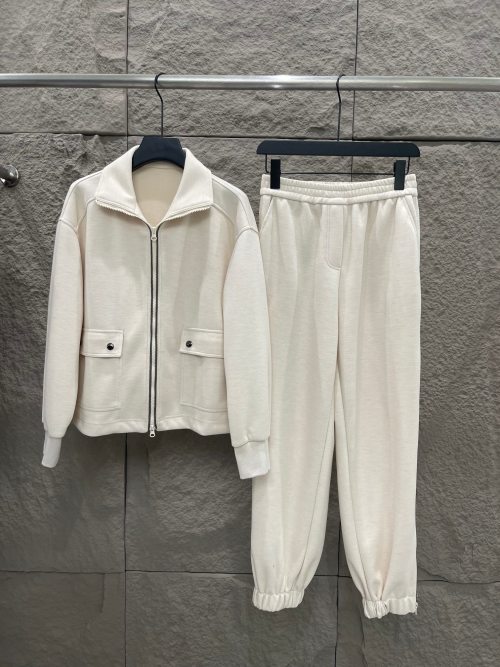 BC Half-High Collar Zipper Beaded Cotton Sweatshirt & Pants Set - Elegant Style 1 BC Half-High Collar Zipper Beaded Cotton Sweatshirt & Pants Set - Elegant Style