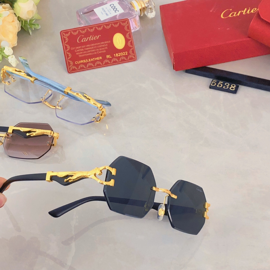 Cartier新款个性无框豹子装饰太阳眼镜复古时尚气质男女驾驶专用防晒墨镜