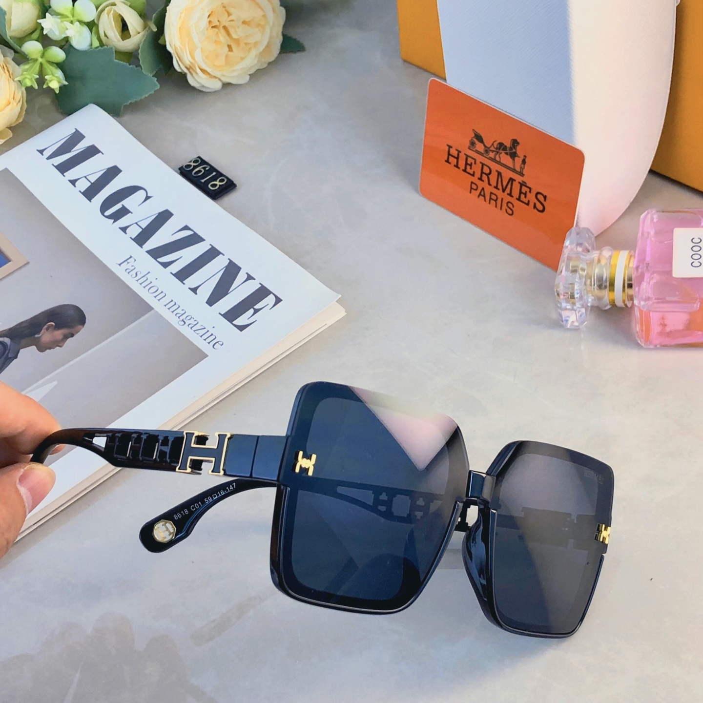 。。Herme*女潮爱马方形高级感墨镜大框百搭网红太阳镜女士时尚新款太阳眼镜