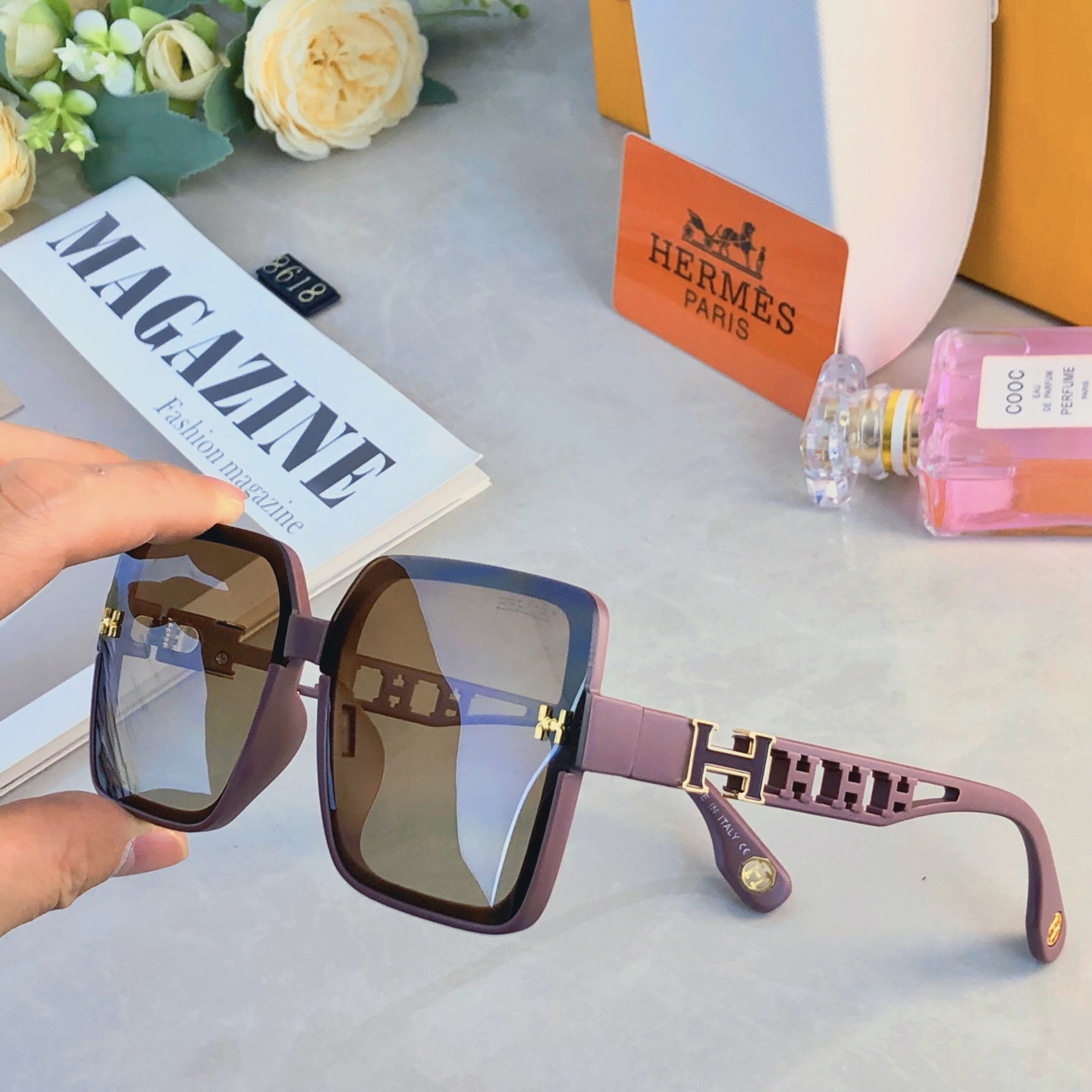 。。Herme*女潮爱马方形高级感墨镜大框百搭网红太阳镜女士时尚新款太阳眼镜