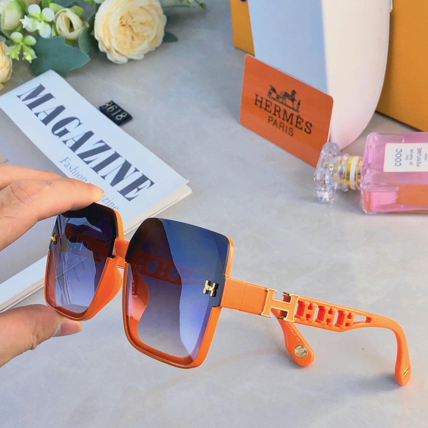 。。Herme*女潮爱马方形高级感墨镜大框百搭网红太阳镜女士时尚新款太阳眼镜