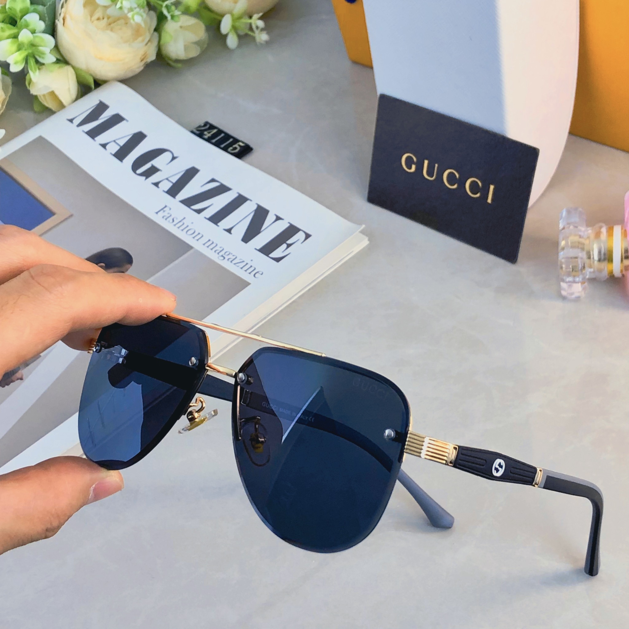 🔥🔥Gucc*时尚奢华金属风半框蛤蟆太阳镜驾驶男士百搭大框墨镜