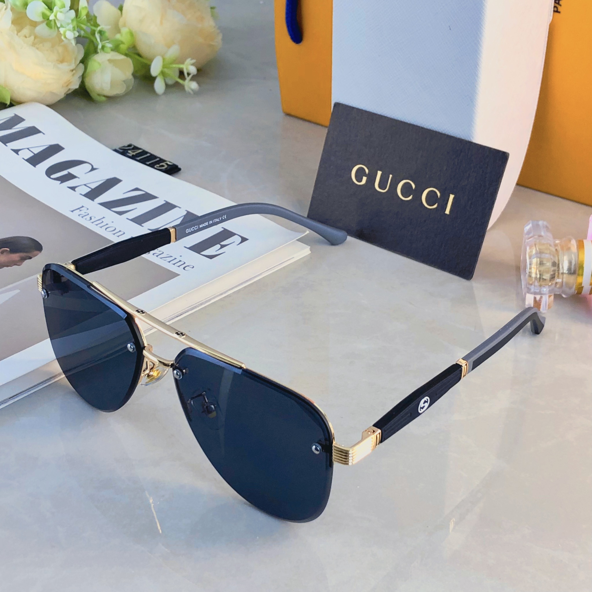 🔥🔥Gucc*时尚奢华金属风半框蛤蟆太阳镜驾驶男士百搭大框墨镜