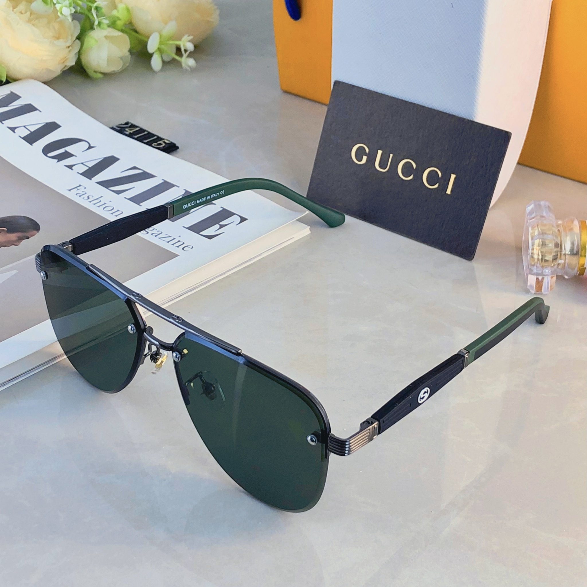 🔥🔥Gucc*时尚奢华金属风半框蛤蟆太阳镜驾驶男士百搭大框墨镜