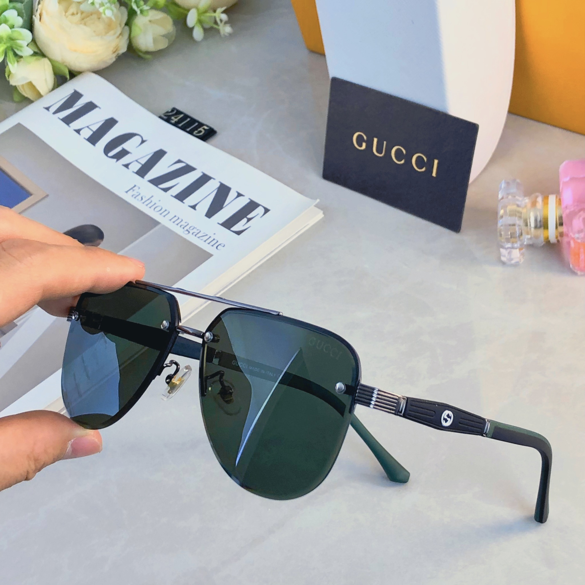 🔥🔥Gucc*时尚奢华金属风半框蛤蟆太阳镜驾驶男士百搭大框墨镜