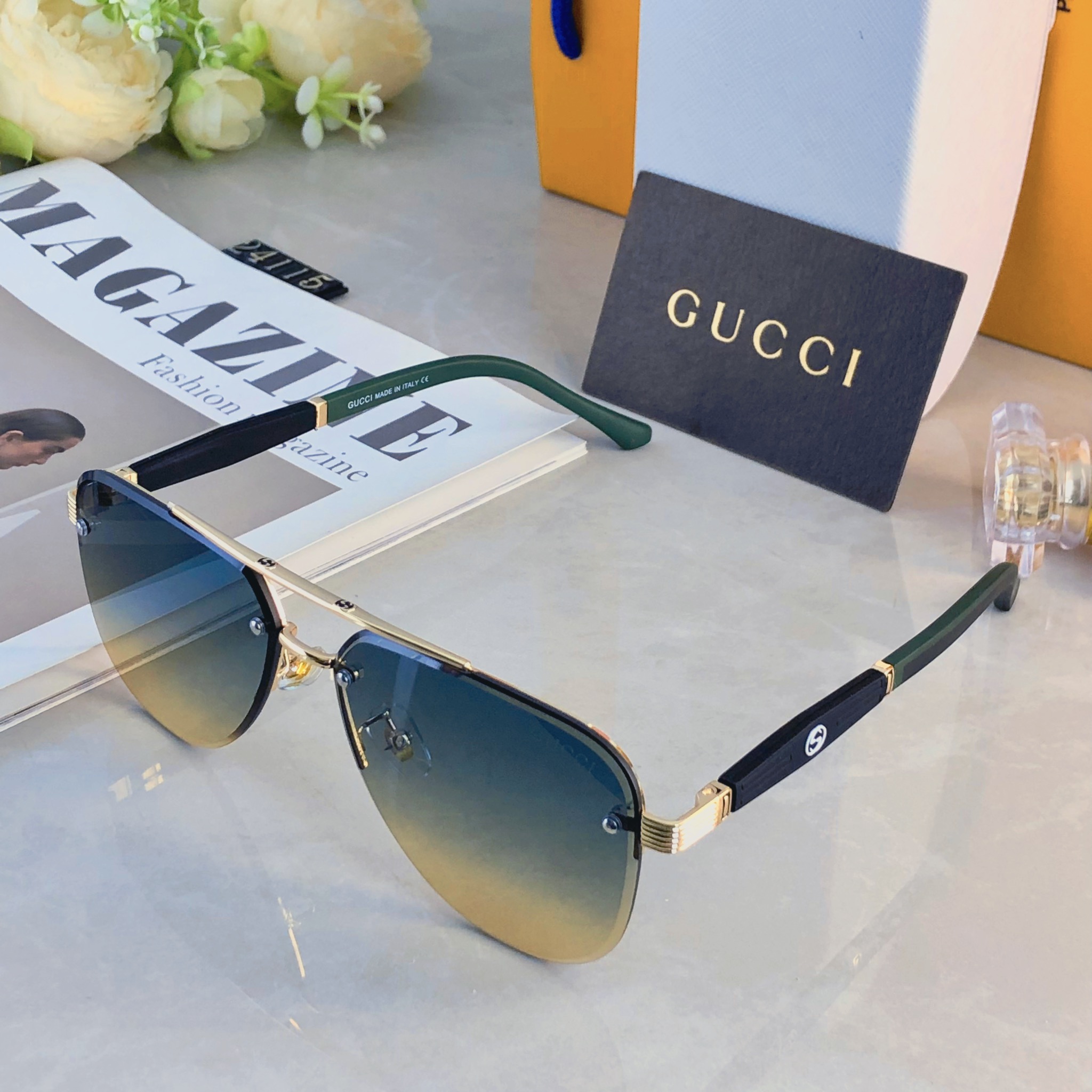 🔥🔥Gucc*时尚奢华金属风半框蛤蟆太阳镜驾驶男士百搭大框墨镜