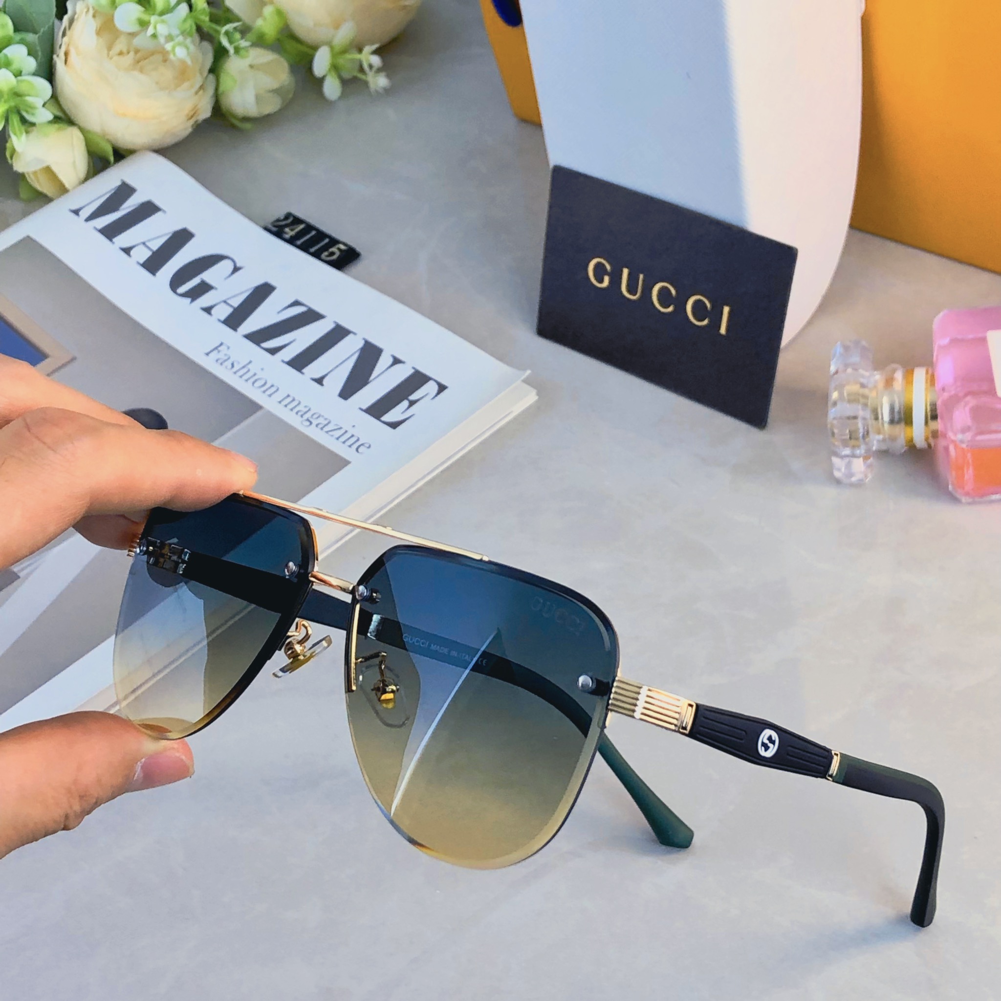 🔥🔥Gucc*时尚奢华金属风半框蛤蟆太阳镜驾驶男士百搭大框墨镜