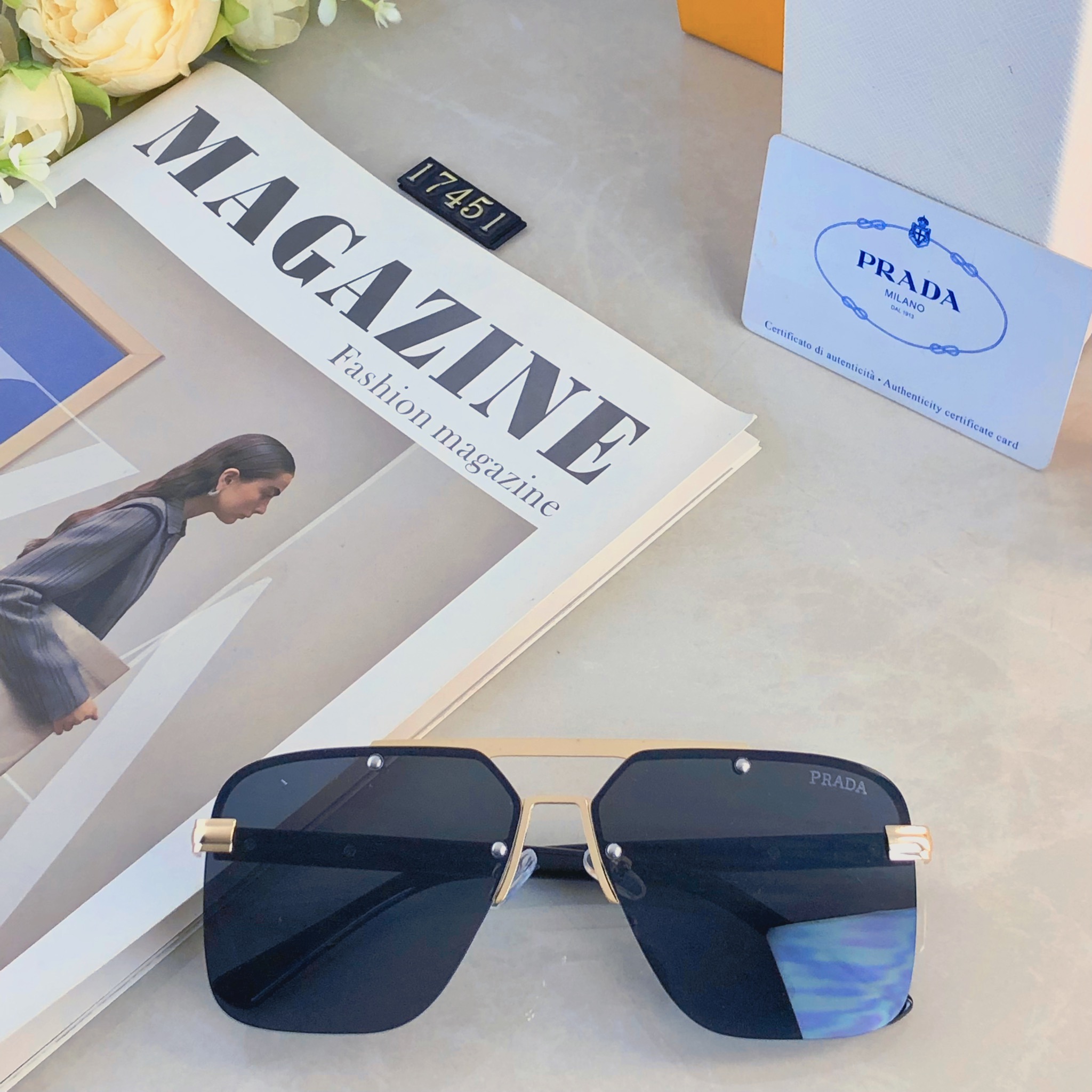 🔥🔥Prad*气质潮流双梁方形户外防晒墨镜跨境欧美个性墨镜高级太阳眼镜
