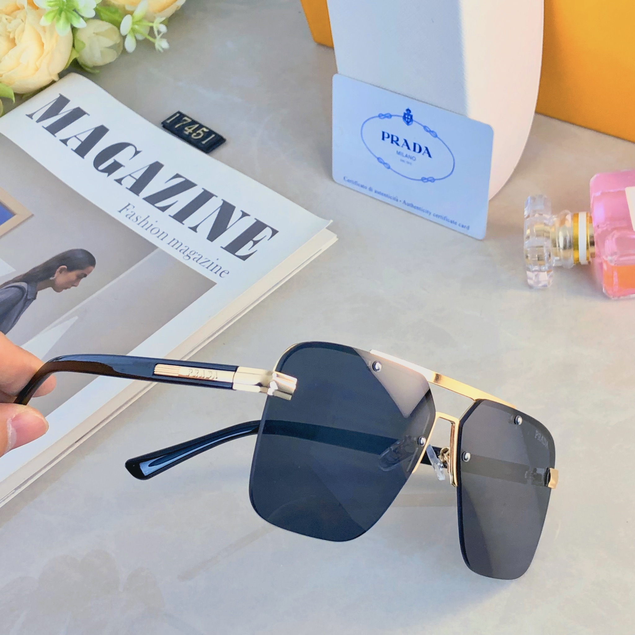 🔥🔥Prad*气质潮流双梁方形户外防晒墨镜跨境欧美个性墨镜高级太阳眼镜