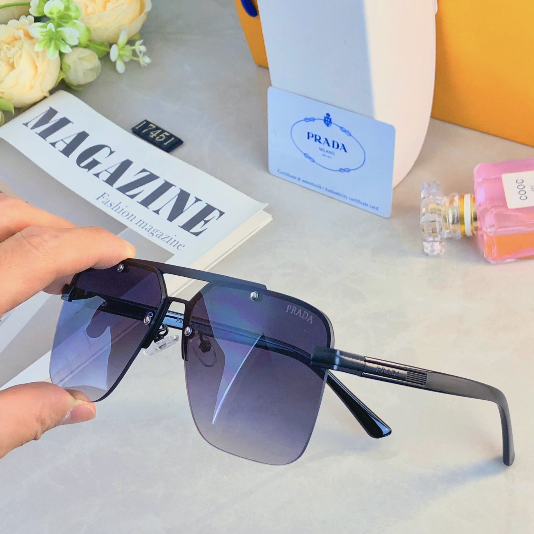 🔥🔥Prad*气质潮流双梁方形户外防晒墨镜跨境欧美个性墨镜高级太阳眼镜